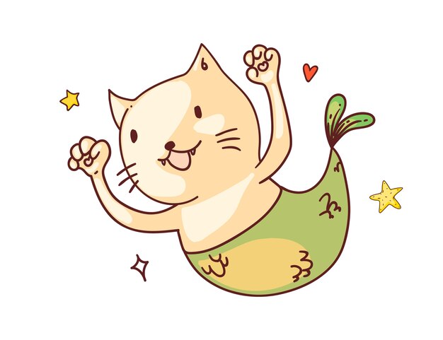 Chat Avec Queue De Sirene Drole De Poisson Chat Sirene Heureux Avec Dessin De Croquis De Personnage De Dessin Anime De Queue Art Mignon Doodle Animal Joyeux Vecteur Premium