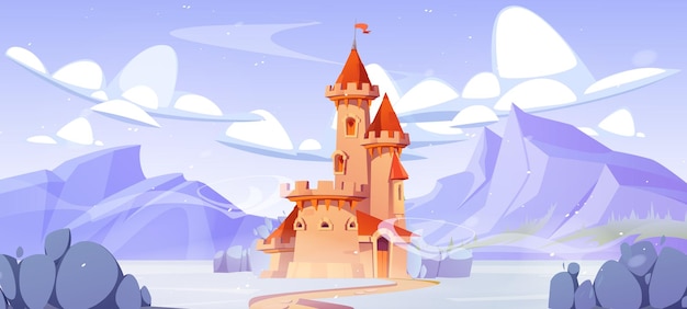 Vecteur gratuit château du roi de contes de fées près des montagnes rocheuses en hiver sous la neige ancien palais de dessin animé avec des tours de porte et un drapeau au milieu d'un pré enneigé sur les collines un sentier mène à l'entrée de la maison royale médiévale