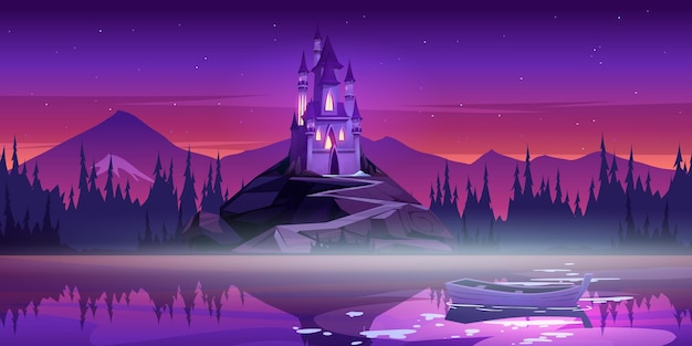 Vecteur gratuit château magique au sommet de la montagne près de la jetée de la rivière avec bateau sur la surface de l'eau au coucher du soleil au crépuscule