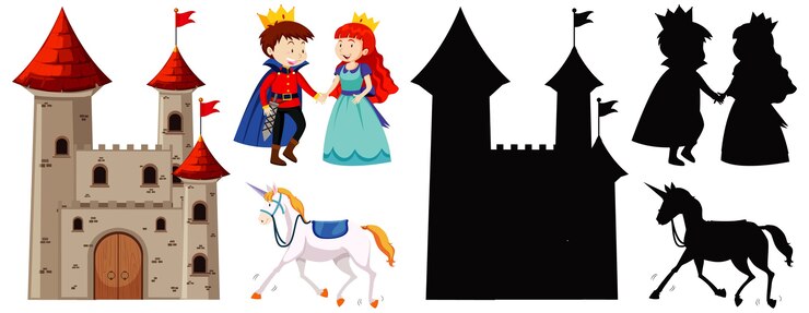 Vecteur gratuit château avec prince et princesse et cheval en couleur et silhouette isolé sur blanc