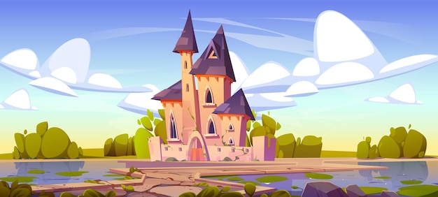 Château royal avec portes, fenêtres et tours Chemin d'entrée au palais médiéval de conte de fées pour roi reine et princesse Paysage vectoriel de dessin animé avec arbres et buissons nuages dans le ciel et le château