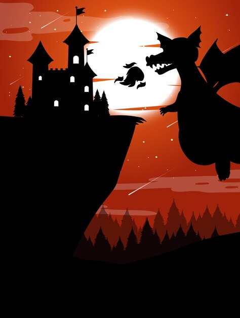 Château de silhouette et dragon avec fond de pleine lune