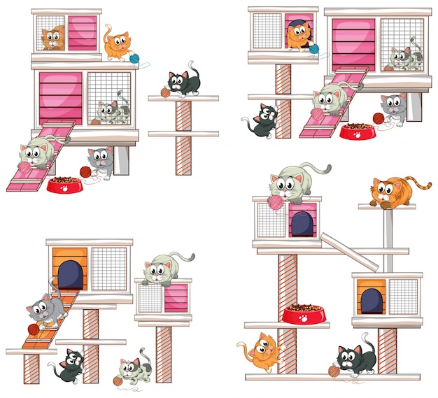 Vecteur gratuit chats et différentes conceptions de l'illustration de la maison de chat