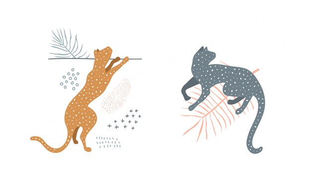 Chats Sauvages Dans La Nature Minimaliste Art Moderne Silhouette Design Imprime Vecteur Premium
