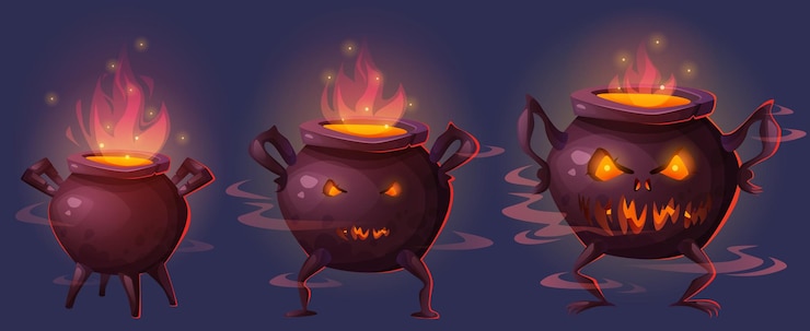 Vecteur gratuit un chaudron d'halloween effrayant se transforme en monstre