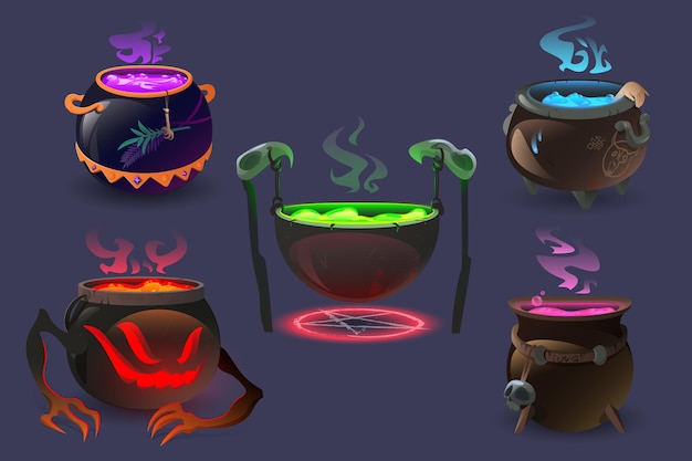 Vecteur gratuit chaudrons de sorcière avec des potions magiques et un ensemble de dessins animés bouillants d'élixir