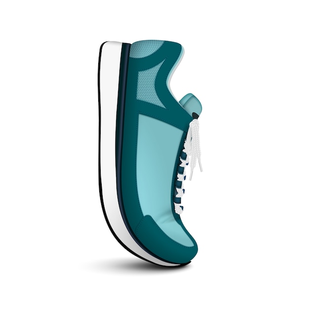 Chaussure de course d'entraînement de sport unisexe isolé vue latérale réaliste de sneaker tendance verte positionnée verticalement