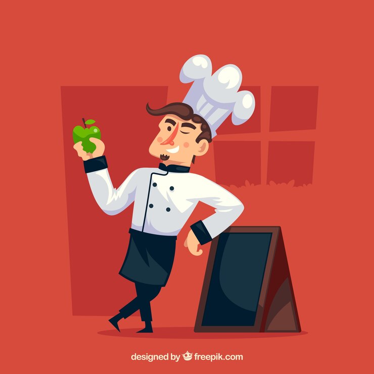 Vecteur gratuit chef à côté d'un tableau noir tenant une pomme