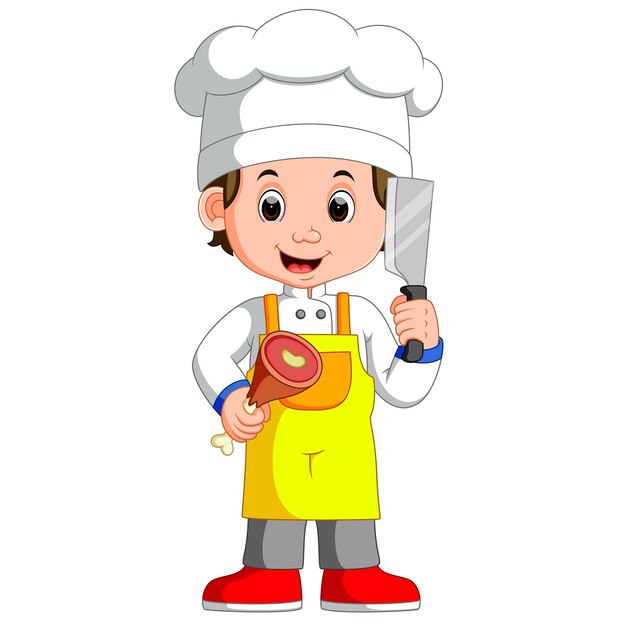 Chef Cuisinier Tenant Le Couteau Cleaver Et Viande Dessin Anime Souriant Vecteur Premium