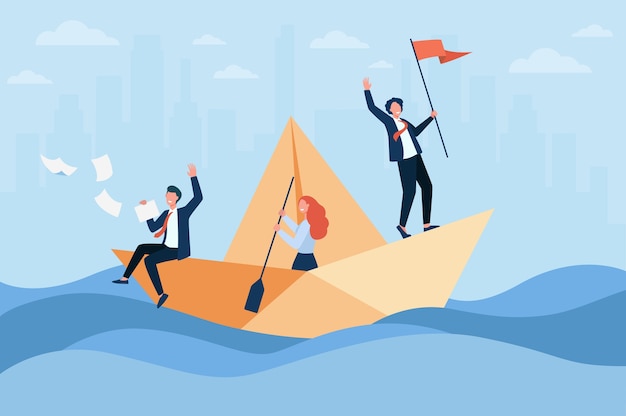 Vecteur gratuit chef d'entreprise prospère avec bateau à voile drapeau, son équipe utilisant la pagaie. collègues et patron voyageant dans un océan d'opportunités.