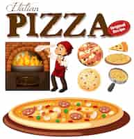 Vecteur gratuit chef faisant de la pizza dans l'illustration du four