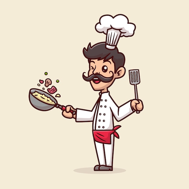 Vecteur gratuit chef mignon cuisine des aliments avec spatule et poêle dessin animé vecteur icône illustration personnes nourriture isolée