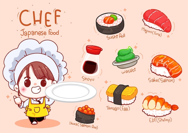 Chef Mignon Tenir La Plaque Avec Des Sushis, Illustration De Dessin Animé De Cuisine Japonaise