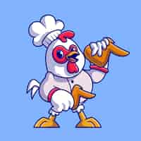 Vecteur gratuit chef de poulet mignon tenant illustration d'icône de dessin animé de poulet frit. concept d'icône de nourriture animale isolé. style de bande dessinée plat