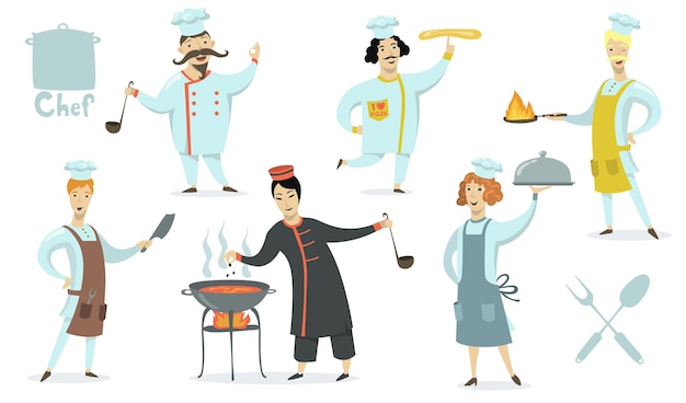 Chefs Portant Des Tabliers Et Des Cuisinières. Les Professionnels Cuisinent Les Repas Au Restaurant. Illustration Vectorielle Pour La Nourriture, La Cuisine, La Cuisine, Le Travail, Le Concept De Cuisine Traditionnelle