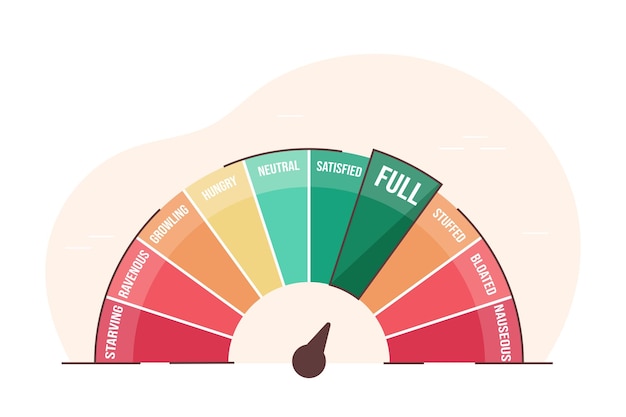 Échelle de la faim avec valeur de mesure de la flèche Illustration vectorielle plane du niveau de la faim Graphique indiquant les étapes de la consommation pour évaluer le niveau de contrôle de l'appétit Alimentation consciente Élément de jauge infographique