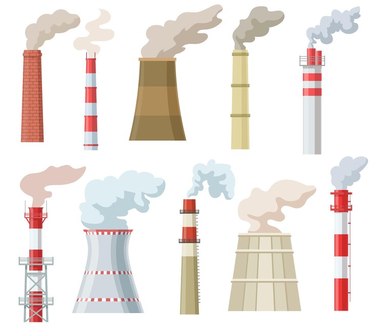 Vecteur gratuit cheminées industrielles colorées avec ensemble plat de fumée