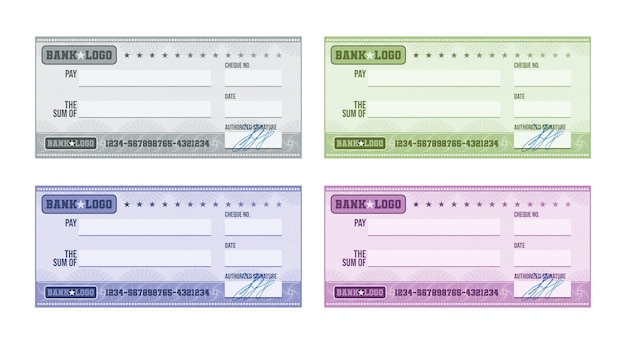 Vecteur gratuit chèque bancaire vierge multicolore avec ensemble réaliste de signature manuscrite isolé sur illustration vectorielle fond blanc