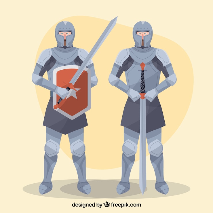 Vecteur gratuit chevaliers en armure avec des épées