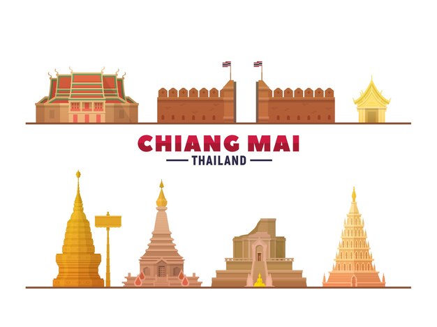 Chiang Mai Thaïlande top monuments en fond blanc Illustration vectorielle Concept de voyage et de tourisme d'affaires avec des bâtiments modernes Image pour bannière ou site web