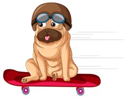 Un chien carlin sur un dessin animé de planche à roulettes
