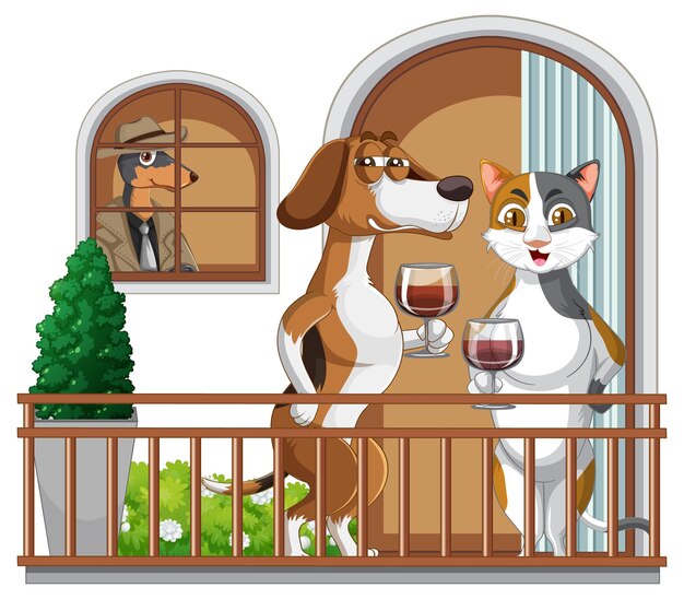 Chien et chat de dessin animé en sirotant du vin