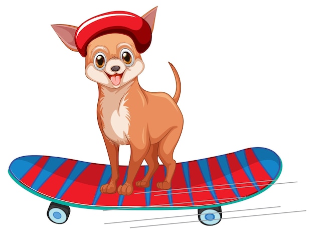 Le chien chihuahua porte un casque debout sur une planche à roulettes