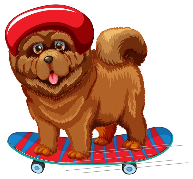 Vecteur gratuit le chien chow chow porte un casque debout sur une planche à roulettes