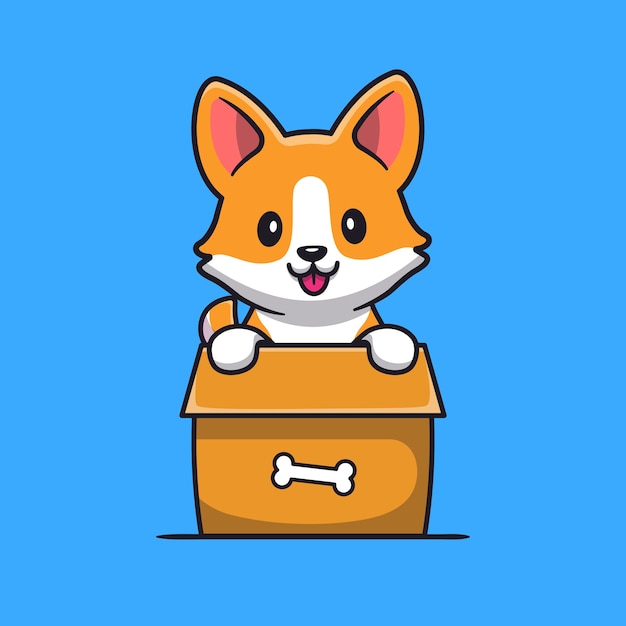 Vecteur gratuit chien corgi mignon jouant dans la caricature de la boîte