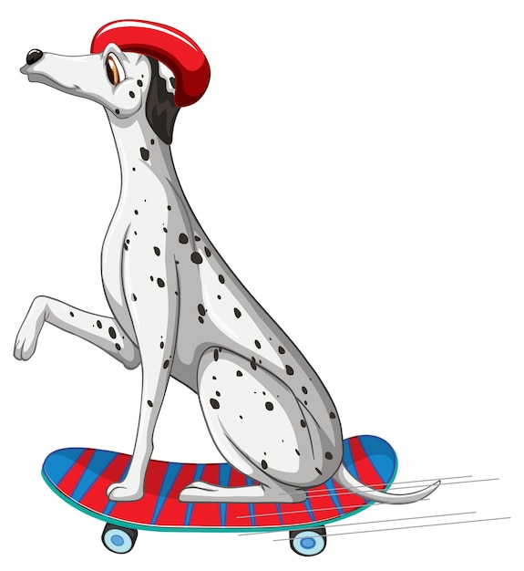 Vecteur gratuit un chien dalmatien porte un casque debout sur une planche à roulettes