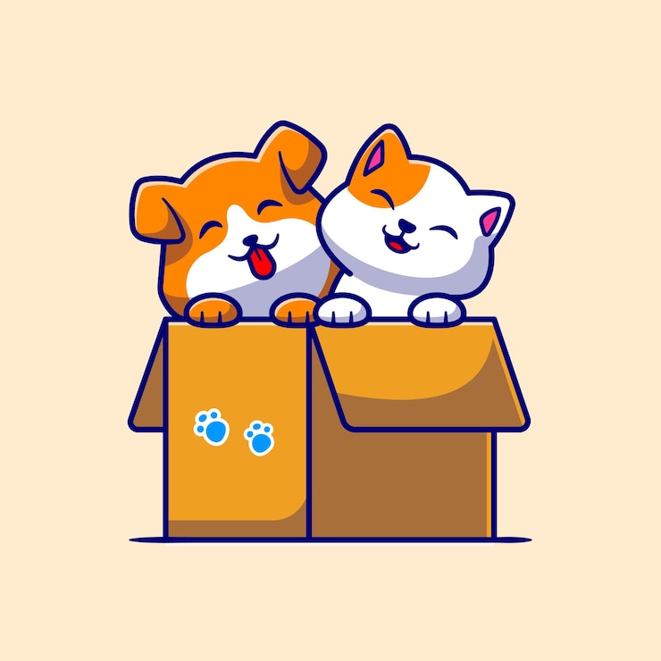 Vecteur gratuit chien mignon et chat mignon jouant dans la boîte cartoon vector icon illustration. concept d'icône de nature animale isolé vecteur premium. style de dessin animé plat