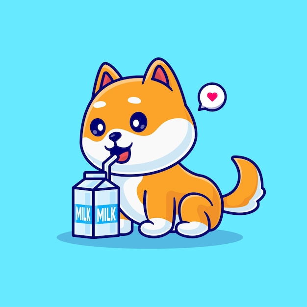 Vecteur gratuit chien shiba inu mignon, boire du lait, dessin animé, vecteur, icône, illustration, animal, boisson, icône, isolé, plat