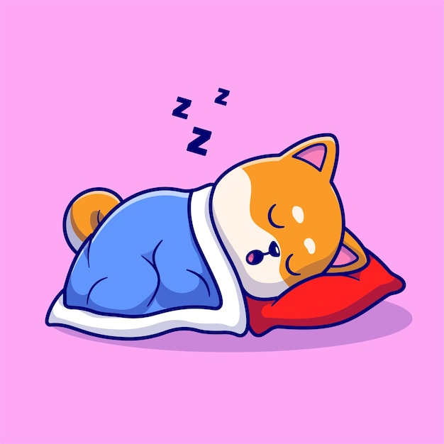 Chien Shiba Inu Mignon Dormant Avec Oreiller Et Couverture Cartoon Vector Icon Illustration. Concept D'icône De Nature Animale Isolé Vecteur Premium. Style De Dessin Animé Plat