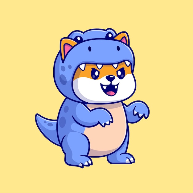 Chien Shiba Inu Mignon Portant Le Costume De Dino Cartoon Vector Icon Illustration. Animal De Vacances Isolé