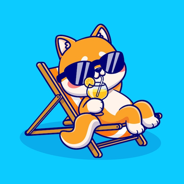 Chien Shiba Inu Mignon Se Détendre Sur Un Banc Et Boire Du Jus D'orange Cartoon Vector Icon Illustration Animal