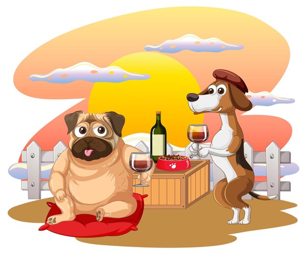 Chiens domestiques de dessin animé en sirotant du vin