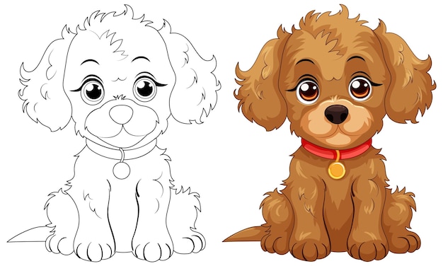 Vecteur gratuit des chiots de dessins animés mignons en couleurs et en contour