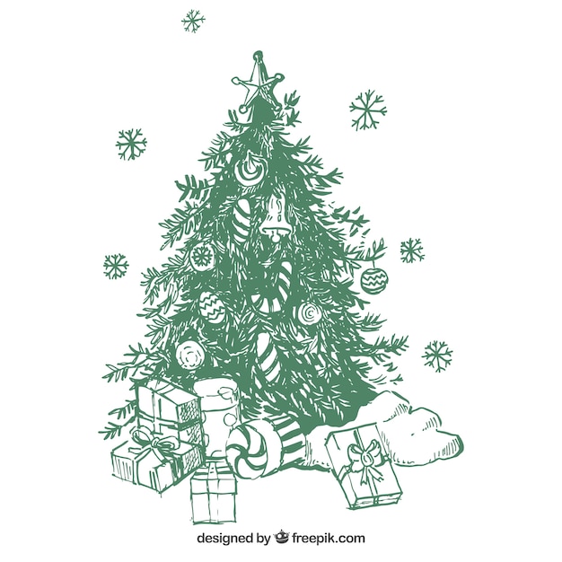 Vecteur gratuit christmas tree background avec des cadeaux dessinés à la main