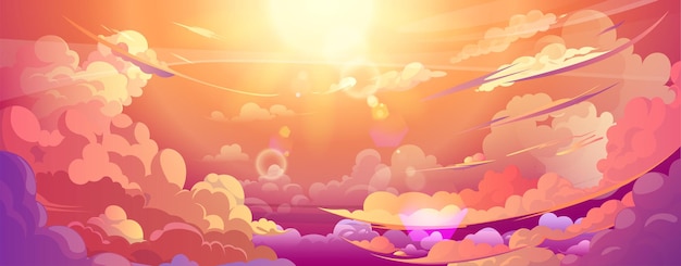 Vecteur gratuit ciel au coucher du soleil ou au lever du soleil avec des nuages moelleux anime arrière-plan vectoriel de gradient rose et jaune coloré ciel nuageux avec soleil brillant paysage panoramique aérien romantique avec brume courbe