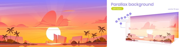 Ciel Coucher De Soleil Sur Fond De Parallaxe Océanique, Paysage 2d De L'île Tropicale. Belle Vue Sur Les Paysages De La Nature Avec La Mer, Les Rochers Et Le Ciel Au Crépuscule, Couches Séparées Pour La Scène De Jeu D'animation Illustration Vectorielle