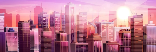 Vecteur gratuit ciel coucher de soleil rose avec fond vectoriel de paysage urbain de dessin animé paysage de rue de gratte-ciel avec vue sur les rayons de lumière du soleil panorama du quartier du centre-ville urbain toile de fond business construction extérieur jeu scape