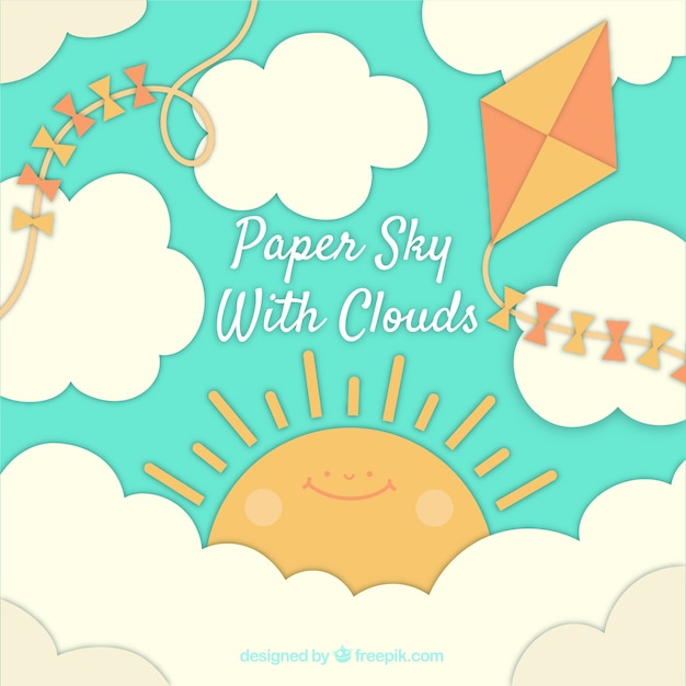 Ciel Avec Nuages ​​et Fond De Soleil Mignon En Texture De Papier