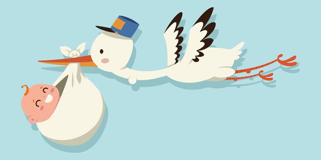 Cigogne Dessin Anime Mignon Et Bebe Illustration D Un Oiseau Volant Transportant Un Enfant Nouveau Ne Isole Sur Un Fond Bleu Vecteur Premium
