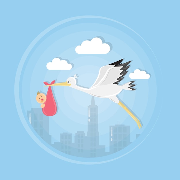 Cigogne Avec Une Petite Fille Bel Oiseau Volant Avec Une Petite Fille Rose