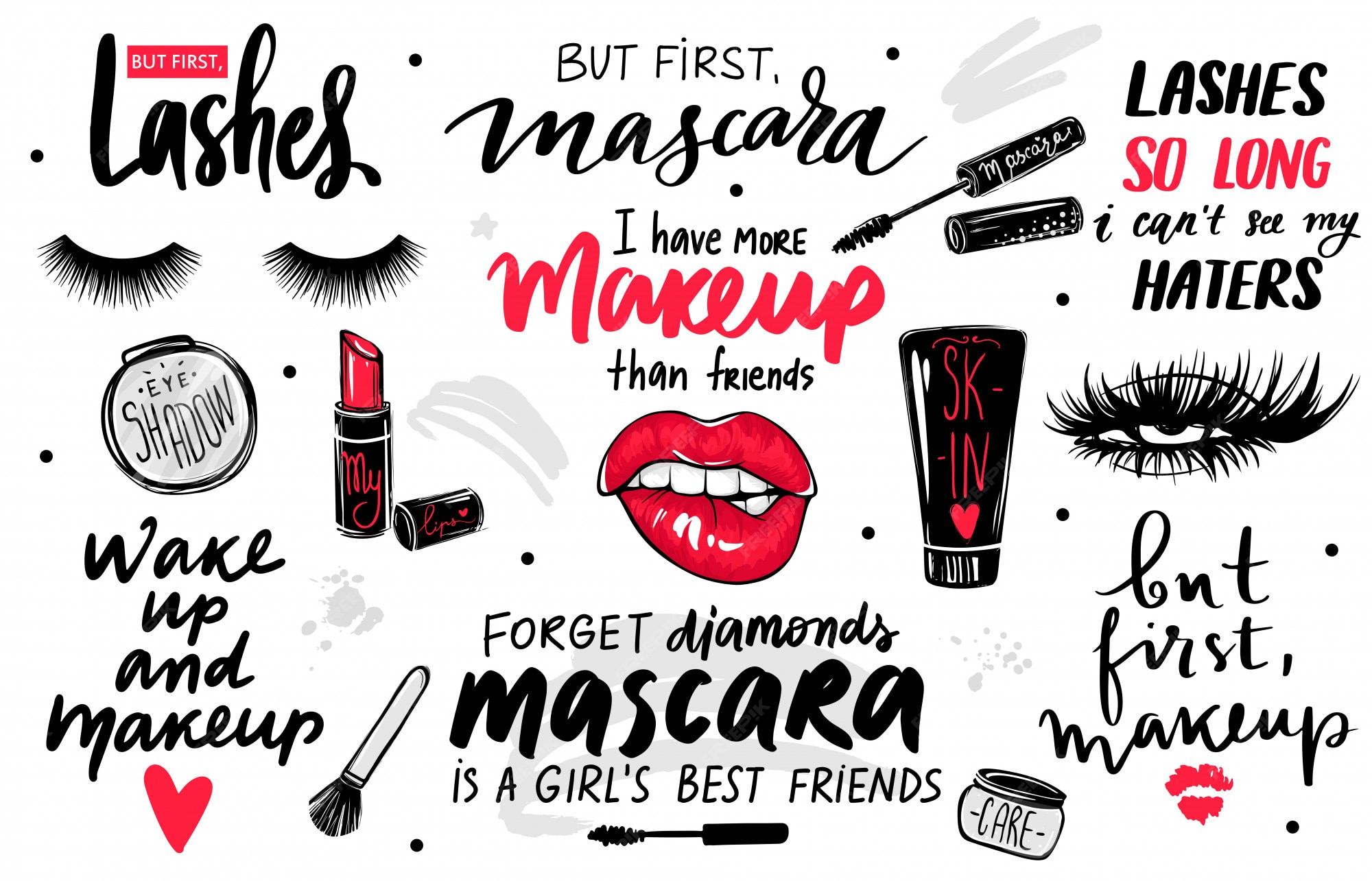 Cils Mascara Maquillage Avec Les Yeux Levres Rouges Rouge A Levres Fard A Paupieres Et Citations Ou Phrases Vecteur Premium