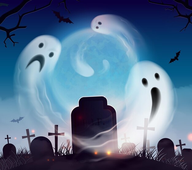 Cimetière fantôme réaliste composition de paysage de paysage d'halloween avec des effrayants et des fantômes drôles flottant au-dessus du cimetière