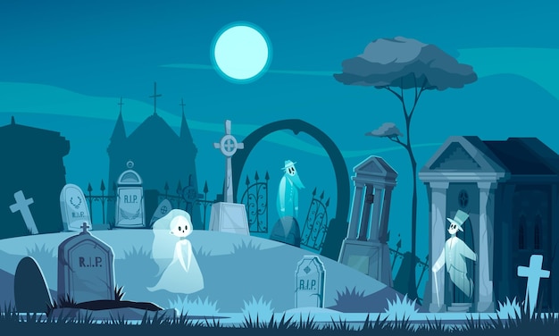 Vecteur gratuit cimetière hanté avec illustration de vieilles tombes