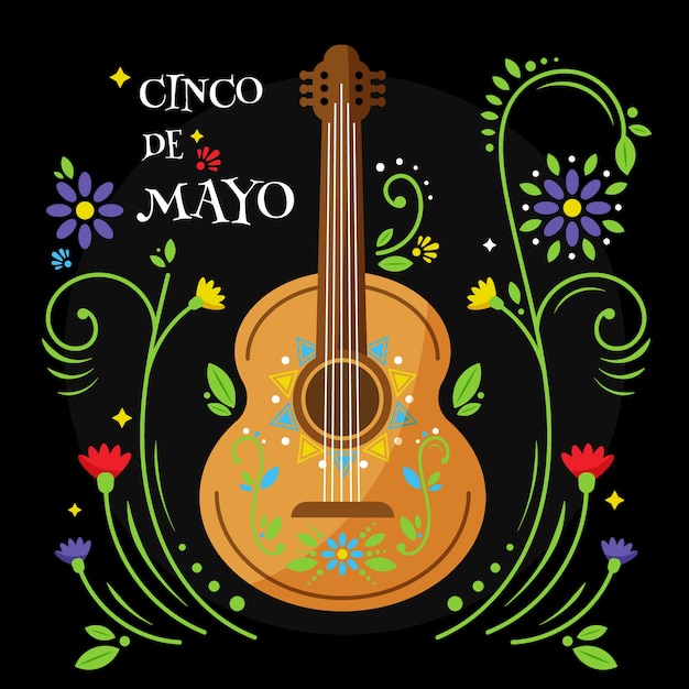 Vecteur gratuit cinco de mayo avec fleurs et guitare