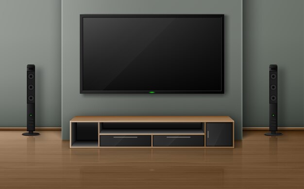 Cinéma maison avec écran de télévision et haut-parleurs dans un salon moderne. Intérieur réaliste avec télévision à écran plasma accroché au mur, système stéréo et support sur plancher en bois