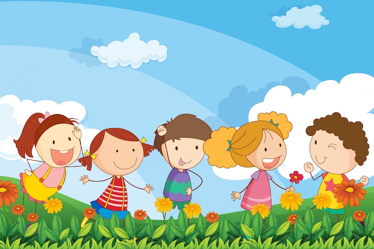 Vecteur gratuit cinq adorables enfants jouant au jardin